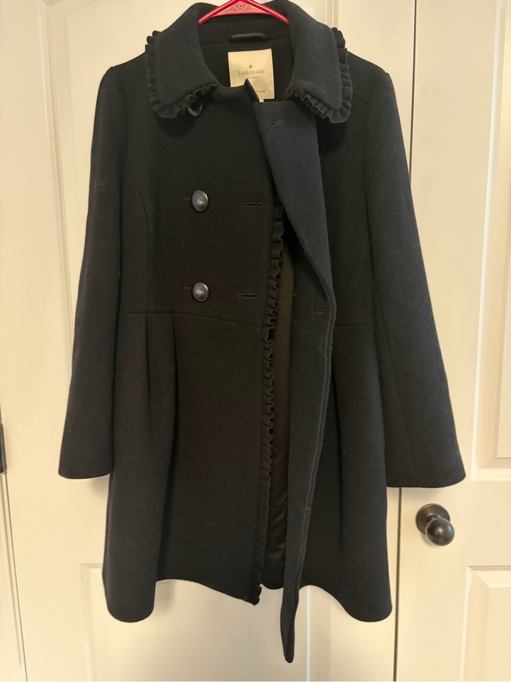 kate spade Black Ruffle-Trim Wool Pea Coat with back bow detail